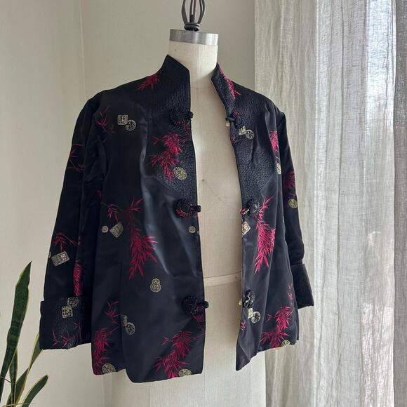 Women’s Medium Jacket Black Gold Satin Floral Blazer Bamboo Print Evening - Picture 1 of 4